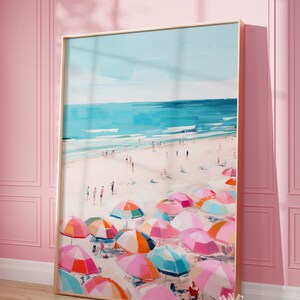 Wydruk na ścianę z motywem plaży, wydruk na plażę dla dziewcząt, sztuka ścienna w stylu nadmorskim, estetyka apartamentu, różowe pastelowe parasole, plakat letni, wydruki cyfrowe