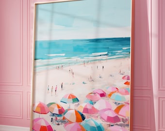 Beach Wall Art Print, Girly Beach Printable, Coastal Wall Art, Apartment Aesthetic, Pink Pastel Umbrellas, Summer Poster, Digital Prints