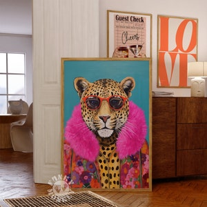 Mode Tierdruck, Funky Leopard Kunstdruck, Preppy Leopard Druckbare Kunst Dopamin Ästhetische Maximalist Dekor Lustige Tiermalerei