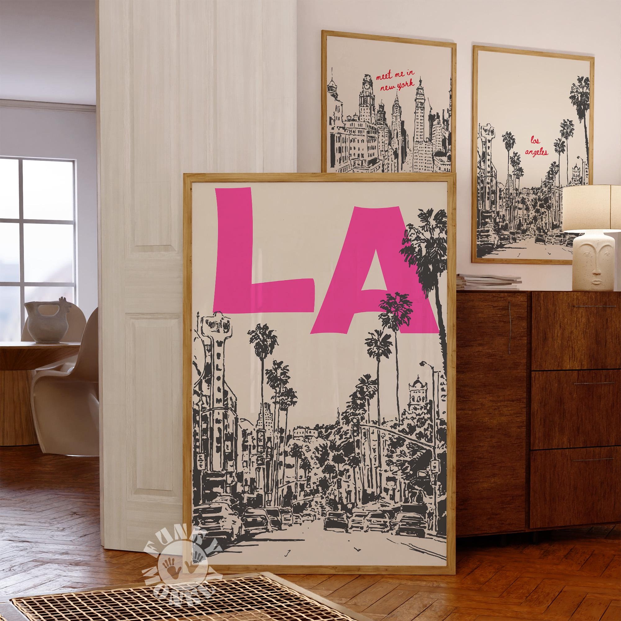 LA Travel Poster, Retro City Print, Trendy Las Angeles Landmark Wall Art, Digital Print, Dorm Room Decor, California Printable Wall Art