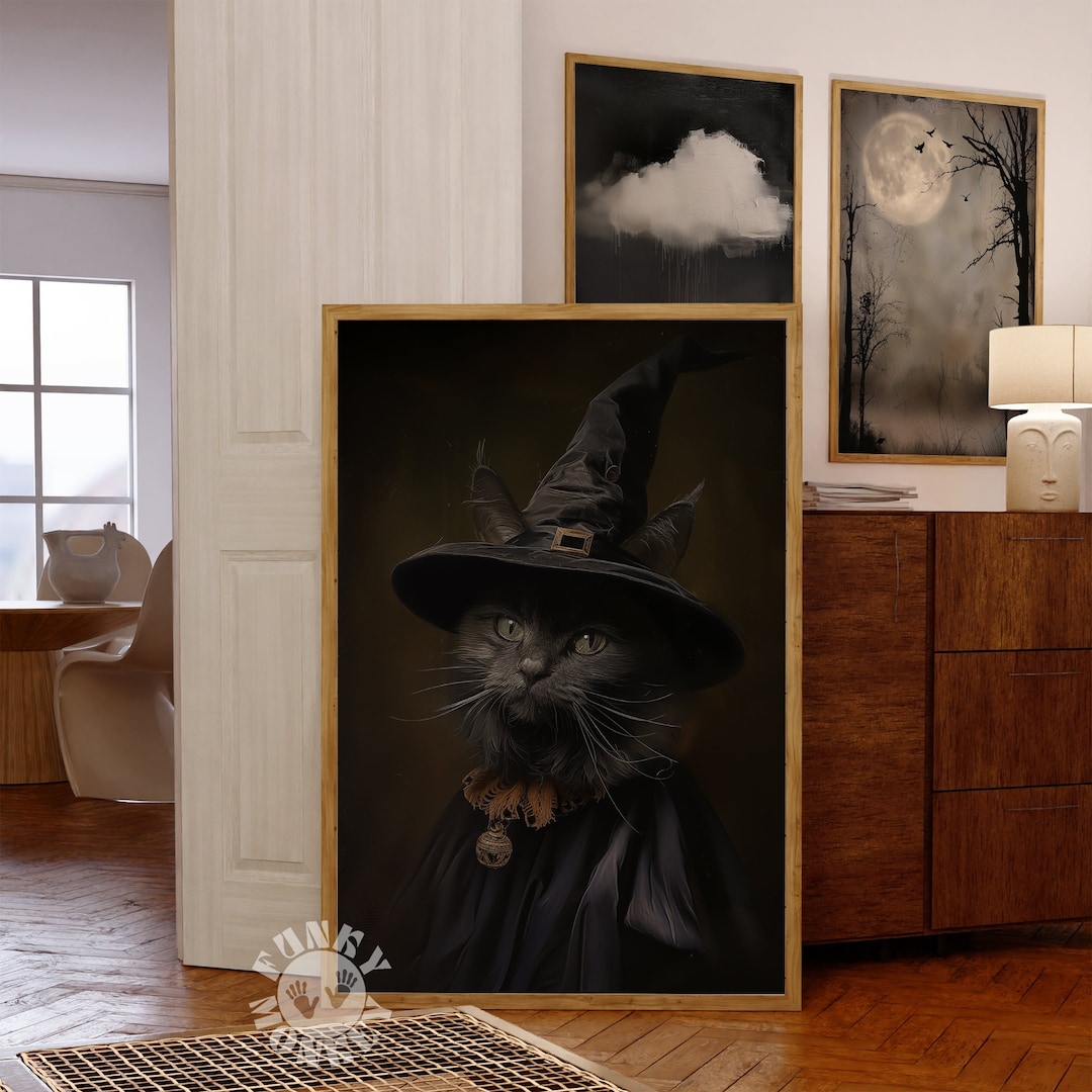 Cat Witch Art Print, Halloween Wall Art Vintage Style Poster, Dark