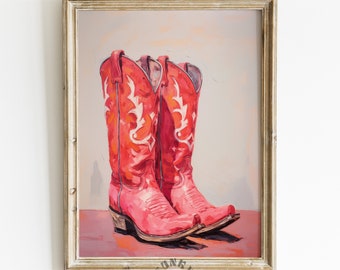 Retro Cowgirl Boots Print, Funky Western Painting, Maximalist Decor, Trendy Cowboy Boots Printable Art, Digital Prints Dorm Room Girly Print