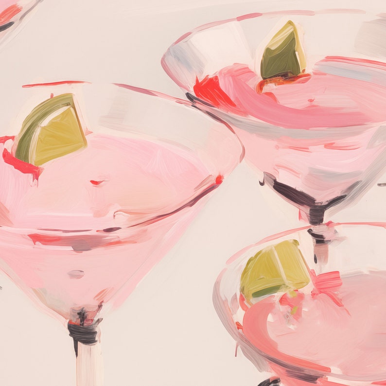 May include: Three pink cocktails with lime wedges in each glass. The cocktails are in martini glasses and are on a white background.