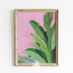 Stampa artistica scaricabile di foglie tropicali, pittura botanica estiva rosa, arte da parete stampabile con foglie di banana alla moda, estetica dell&#39;appartamento estivo