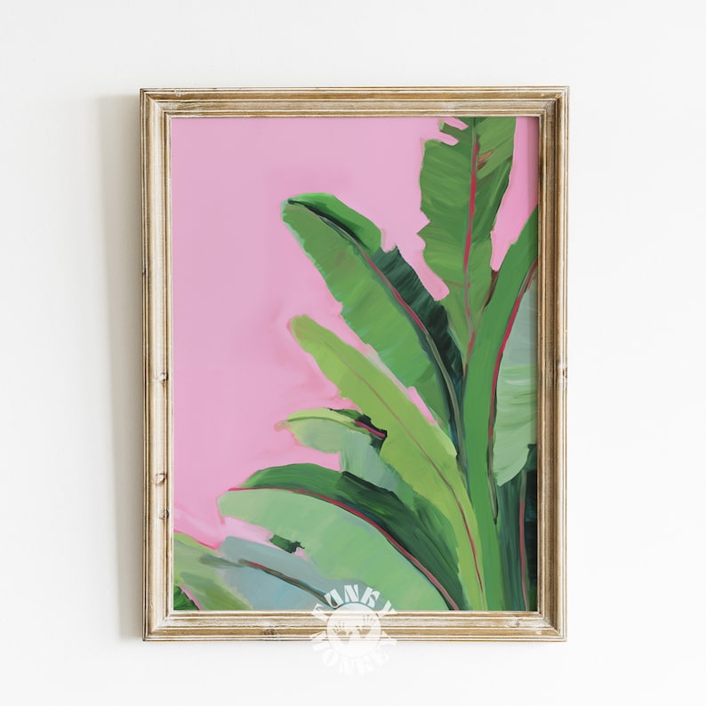 Tropical Leaves Downloadable Art Print, Pink Summer Botanical Painting, Trendy Banana Leaves Printable Wall Art, Summer Apartment Aesthetic image 1