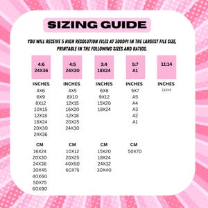 May include: A pink and white graphic with the text "Sizing Guide" and a table showing different sizes and ratios for printable files. The table includes measurements in inches and centimeters.