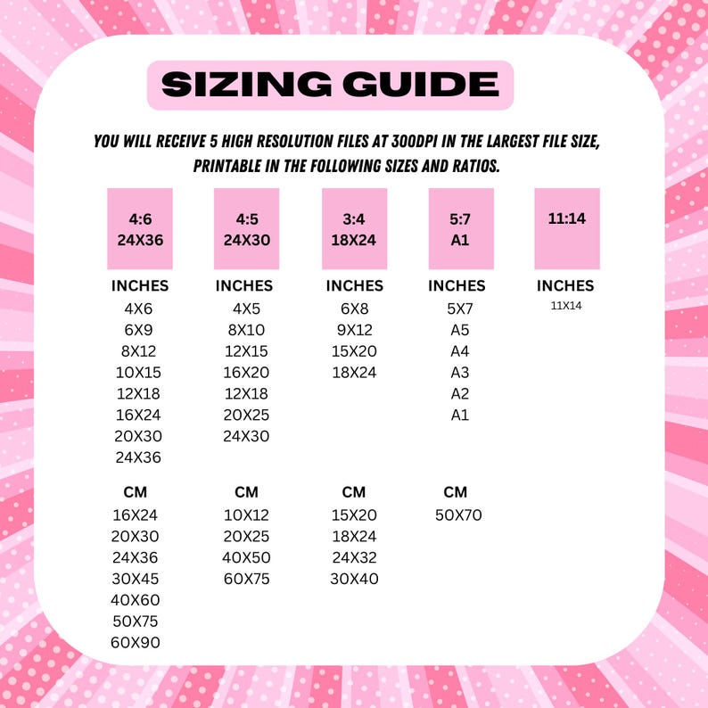 May include: A pink and white graphic with the text "Sizing Guide" and a table showing different sizes and ratios for printable files. The table includes measurements in inches and centimeters.