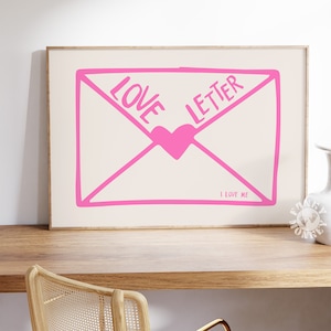 Impresión digital de carta de amor, arte de pared de moda rosa, póster imprimible horizontal, estética de apartamento femenino, descarga digital I Love Me Dorm