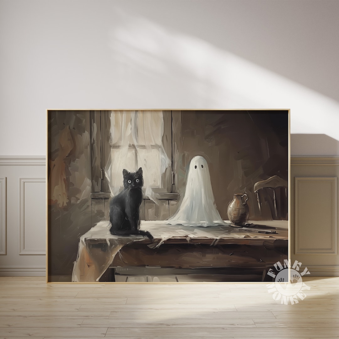 Ghost Black Cat Halloween Wall Art Print, Printable Vintage Style ...