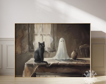 Ghost Black Cat Halloween Wall Art Print, Printable Vintage Style ...