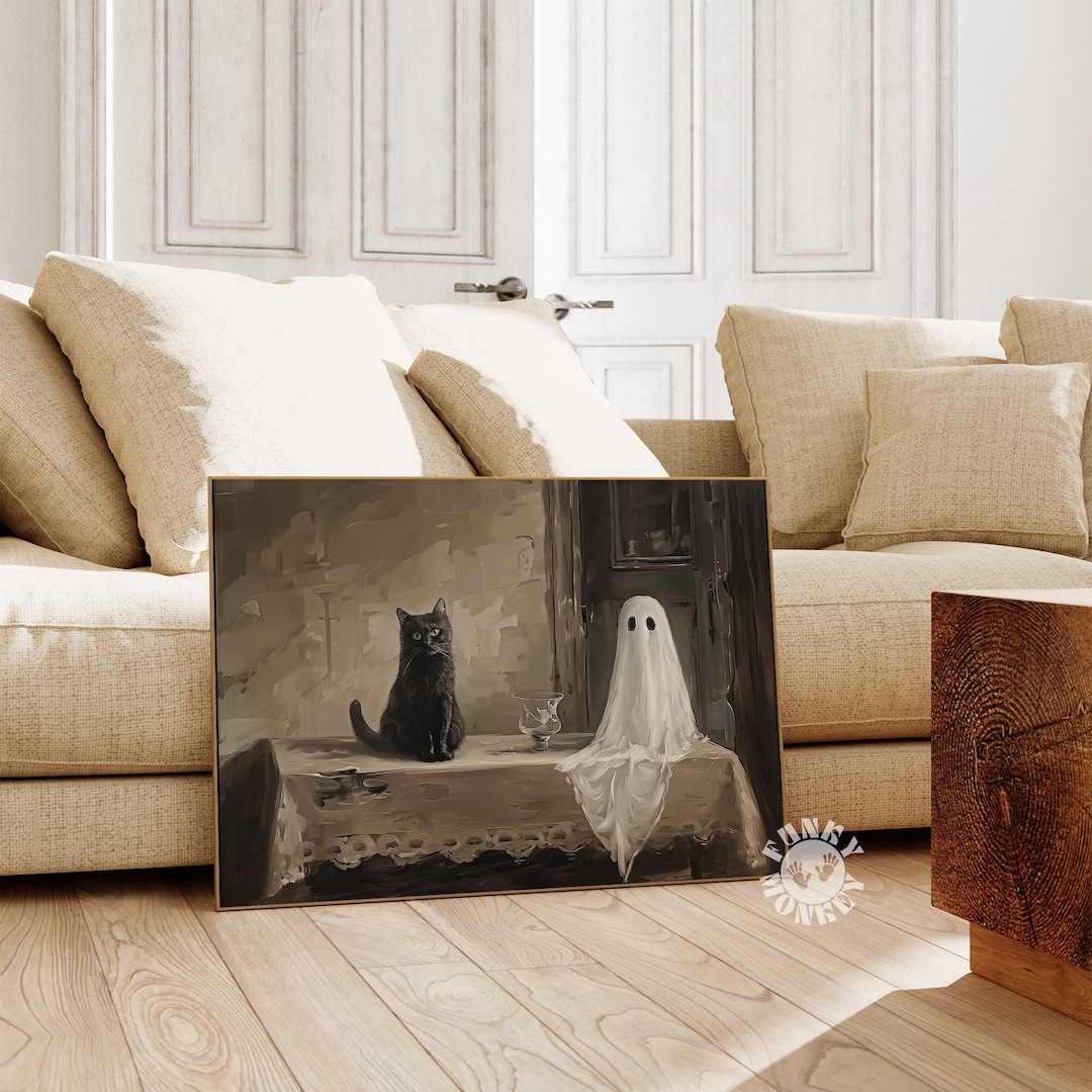 Black Cat Ghost Halloween Wall Art Print, Printable Vintage Style ...