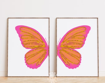 Pink Orange Butterfly Print Set of 2, Preppy Wall Art, Trendy Y2K Poster, College Apartment Aesthetic, Dorm Room Decor Teen Room Girly Print
