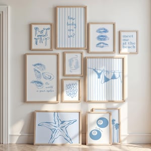 Blue Coastal Wall Art Set, Beachy Aesthetic Digital Prints, Beach Preppy Girls Dorm Room, Trendy Poster Set, Printable Gallery Wall Set