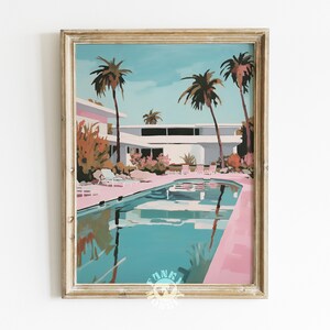 May include: A painting of a modern house with a swimming pool and palm trees. The house is painted in shades of white and pink, and the pool is a bright turquoise blue. The palm trees are silhouetted against a light blue sky.