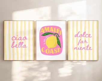 Italian Summer Wall Art Print Set, Amalfi Coast Poster Set, Ciao Bella Dolce Far Niente Trendy Preppy Aesthetic, Lemon Printable Art Digital
