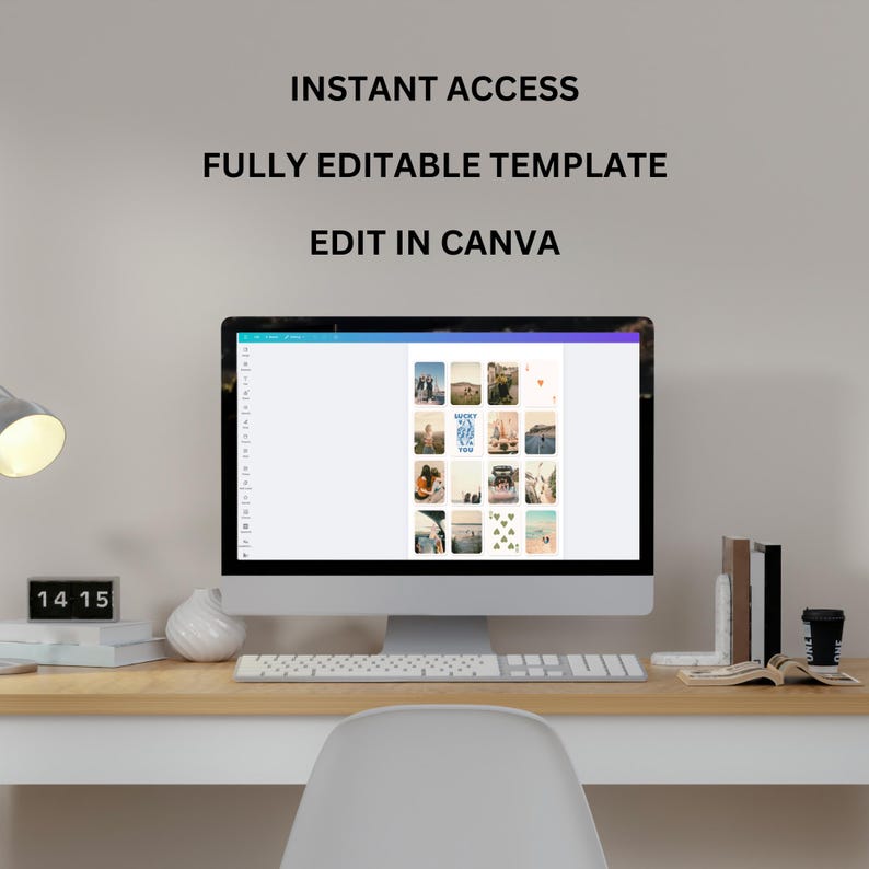 Op de afbeelding: Een computerscherm dat een Canva-sjabloon weergeeft met een raster van 16 beeldplaatsaanduidingen. De tekst "INSTANT ACCESS", "FULLY EDITABLE TEMPLATE" en "EDIT IN CANVA" wordt boven het raster weergegeven.