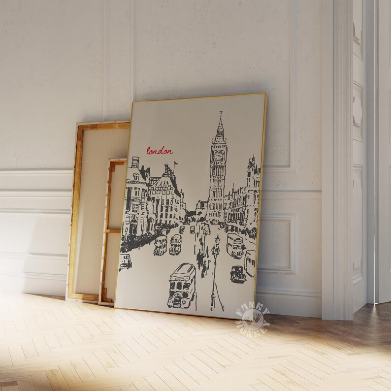 May include: A black and white illustration of a London street scene with Big Ben in the background. The text "london" is written in red at the top of the image.