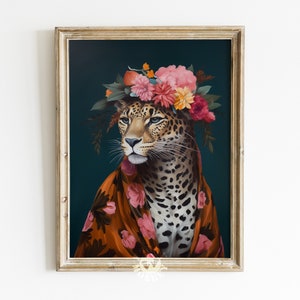 Fashion Animal Print, Maximalist Wall Art, Eclectic Leopard Art Print, Altered Animal Portrait, Leopard with Flowers Printable Poster