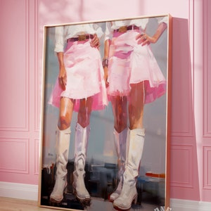 Pink Preppy Western Art Print, Coastal Cowgirls Digital Print, Trendy Wall Art, White Cowboy Boots Painting, Printable Poster, Girly Art