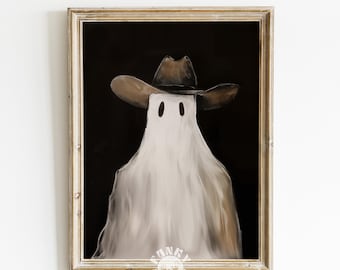 Ghost Cowboy Print, Western Halloween Decor, Cute Ghost with Cowboy Hat Printable Painting Sheet Ghost Wall Art Rodeo Ghost Instant Download