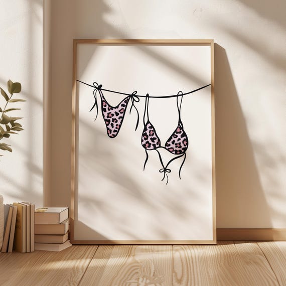 Bikini on Clothesline Summer Print, Pink Leopard Bikini  display picture 3