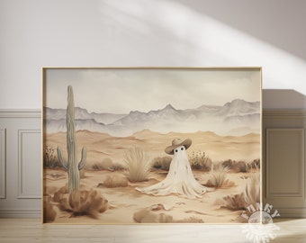 Ghost Cowboy Wall Art Print, Western Halloween Decor, Desert Ghost Landscape Wall Art, Cute Rodeo Ghost, Printable Art, Digital Print