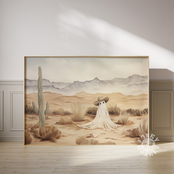 Ghost Cowboy Wall Art Print, Western Halloween Decor, Woestijnspook landschap muurkunst, schattige rodeo Ghost, afdrukbare kunst, digitale print