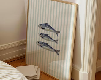 Sardines Digital Print, Summer Coastal Wall Art, Blue Green Retro Kitchen Aesthetic Poster, Trendy Sardine Poster, Printable Art