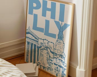 Philly Wall Art, Trendy Philadelphia Travel Poster, Retro Blue City Print, Digital Print, Preppy Dorm Room Decor Printable Art City Skyline