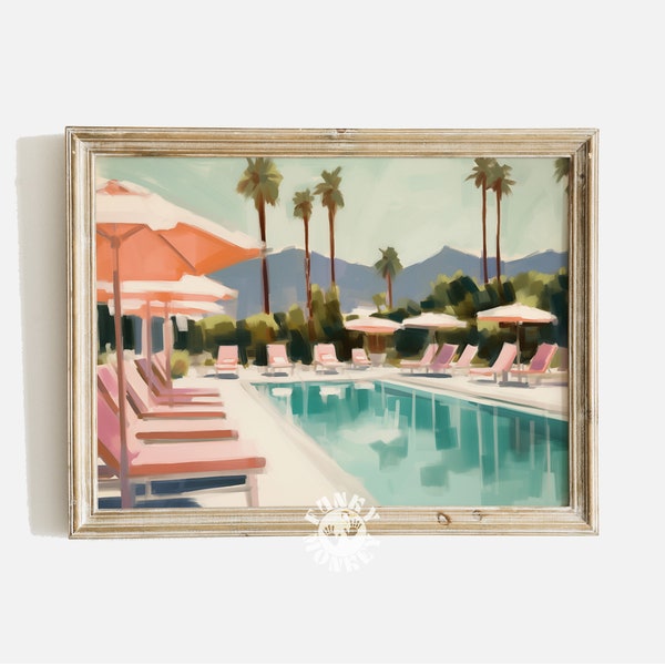 Swimming Pool Print, Retro Abstract Palm Springs Art Print, Retro Motel Digital Print, Modern Aesthetic Painting Pink Preppy Beach Wall Art