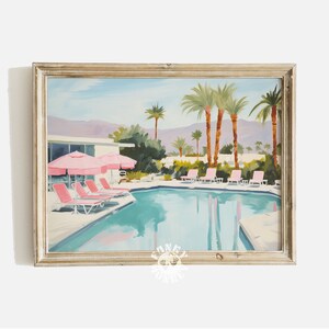 Swimming Pool Art, Retro Aesthetic Painting, Pink Preppy Palm Springs Poolside Beach Wall Art, Digital Print, Retro Motel Downloadable Art