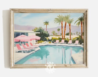 スイミングプールアート、レトロな美的絵画、ピンクのプレッピーなパームスプリングスのプールサイドビーチの壁アート、デジタルプリント、レトロなモーテルのダウンロード可能なアート