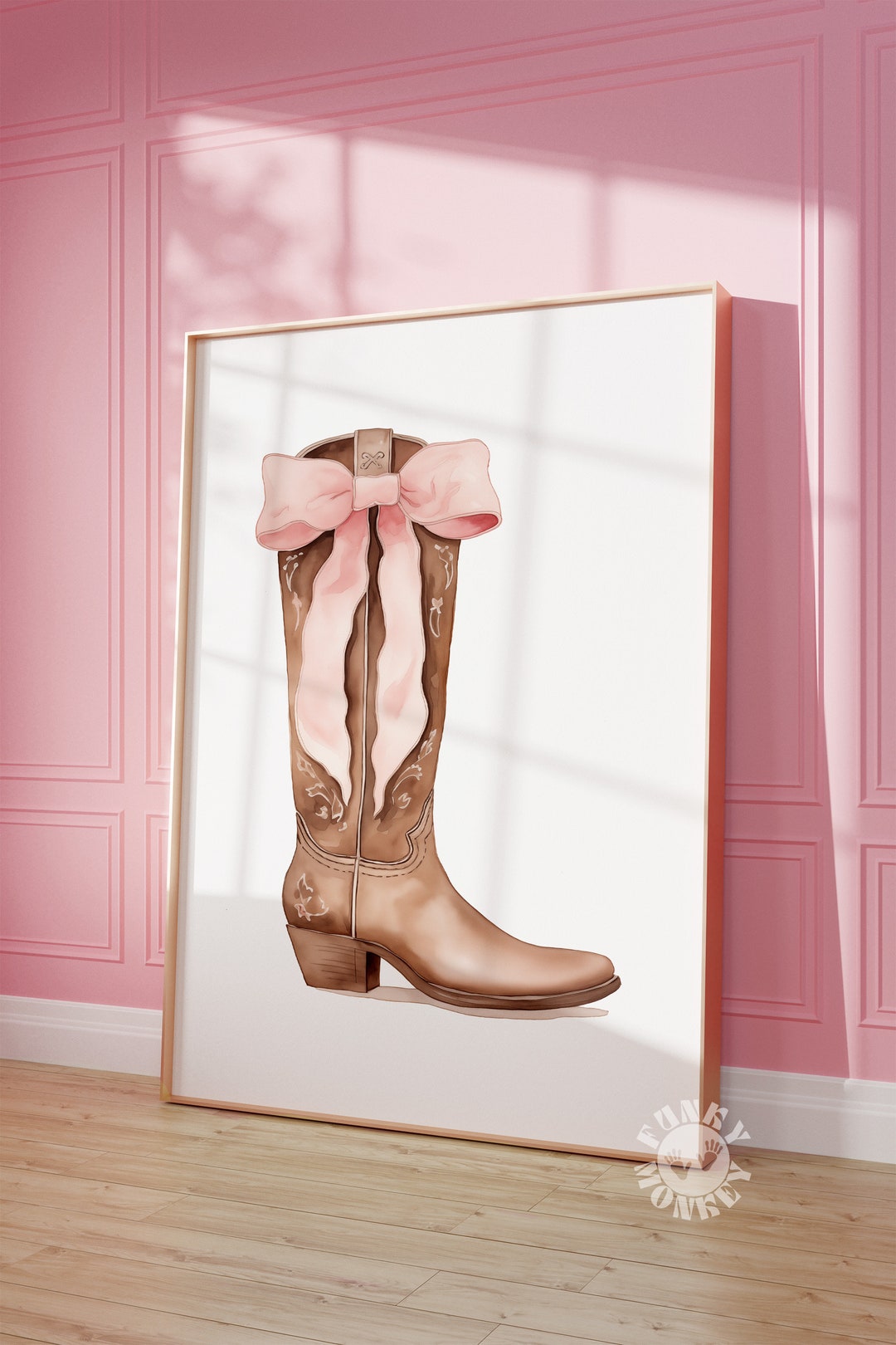 Cowgirl Boot Coquette Pink Bow Western Boots Wall Art Print, Girly