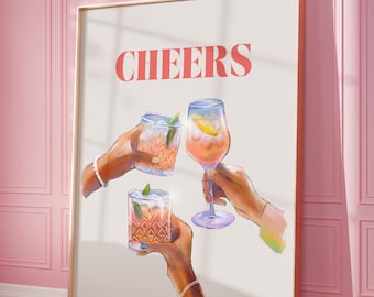 Cheers Wall Art Prints, Pink Bar Cart Art Print, Trendy Wall Art, Pink Bar Cart Decor, Preppy afdrukbare kunst, girly prints, digitale prints
