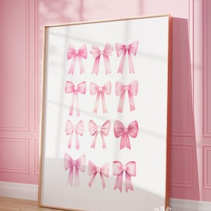 Pink Bows Coquette Art Print, Soft Girl Aesthetic, Pink Nursery Girly Wall Art, French Pastel Hair Bows Poster, Digital Download