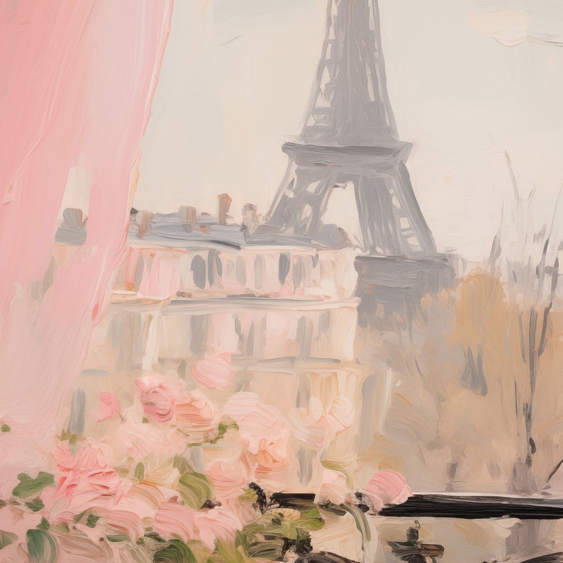 May include: A painting of the Eiffel Tower in Paris, France. The tower is painted in shades of gray and white, and the background is a soft, pastel pink. There are pink flowers in the foreground.