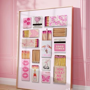 Impression d'art boîte d'allumettes, affiche d'allumettes tendance rose, art mural allumettes rétro vintage esthétique, affiche imprimable girly preppy, impression numérique