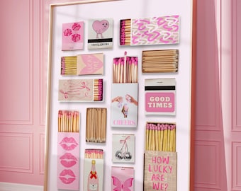 Impresión artística de caja de cerillas, póster de cerillas de moda rosa, arte de pared estético retro vintage con caja de cerillas, póster imprimible de estilo preppy femenino, impresión digital