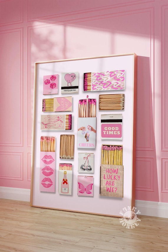 Matchbox Art Print, Pink Trendy Matches Poster, Vintage Retro Matchbook Wall Art Aesthetic, Girly Preppy Printable Poster, Digital Print