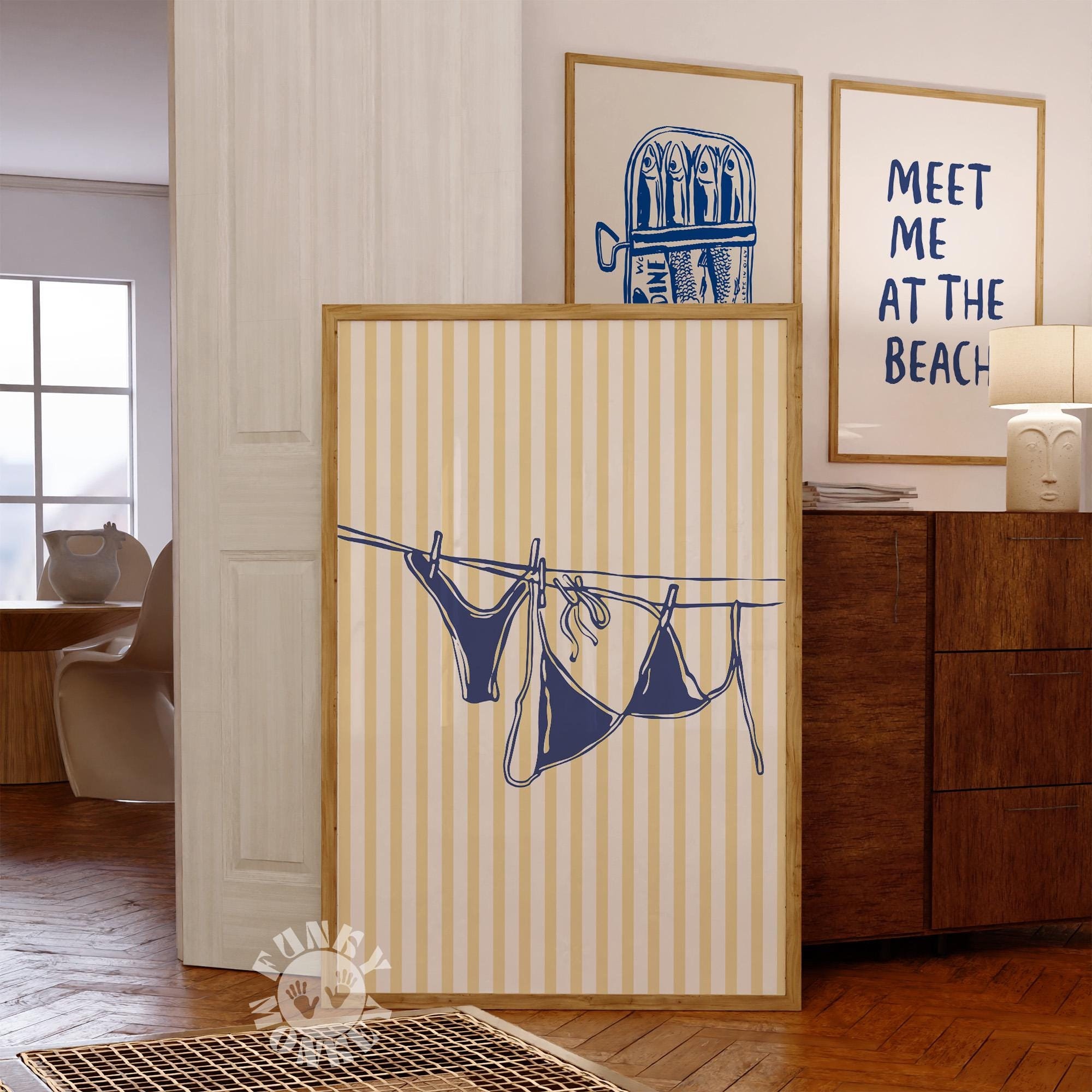 Bikini Print Navy Blue Summer Digital Print, Beachy Preppy Stripes Print, Trendy Wall Art, Coastal Aesthetic Poster, Bikini on Clothesline