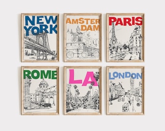Travel Digital Prints, City Print Set of 6, Trendy Wall Gallery Set, Printable Art, Dopamine Colorful Landmark Posters Funky Retro Dorm Room