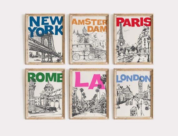 Travel Digital Prints, City Print Set of 6, Trendy Wall Gallery Set, Printable Art, Dopamine Colorful Landmark Posters Funky Retro Dorm Room