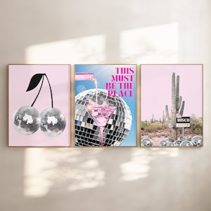 Trendy Retro Disco 3er Set Drucke, Funky Wandkunst Drucke, Disco Ball Poster Set, Pink This Must Be The Place Printable, Disco Wüstenkaktus