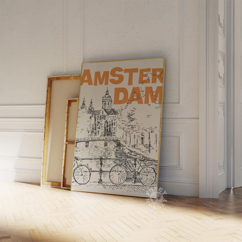 May include: A black and white illustration of a canal in Amsterdam with a building in the background. The text "AMSTERDAM" is written in orange letters on a white background.