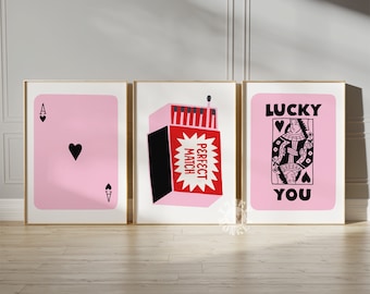 Trendy Pink Lucky You Print Set of 3, Retro Playing Cards Poster, Queen of Hearts, Matchbook Poster, Ace Card, Funky Digital Prints