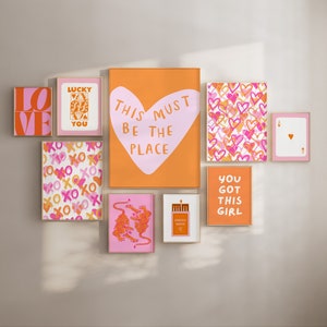 Conjunto de impresión de arte de pared de moda rosa naranja, decoración de habitación preppy, conjunto de carteles femeninos, dormitorio universitario, estética de apartamento, impresiones digitales funky