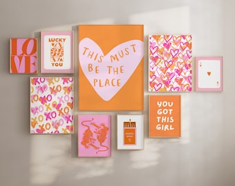 Pink Orange Trendy Wall Art Print Set, Preppy Room Decor, Girly Poster Set, College Dorm Room, Apartment Aesthetic, Funky Digital Prints