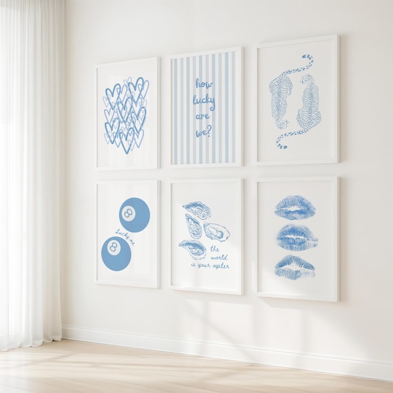 Blue Wall Art Print Set of 6, Trendy Posters, Preppy Digital Prints, Girly Dorm Room Decor, Printable Art, College Apartment Aesthetic