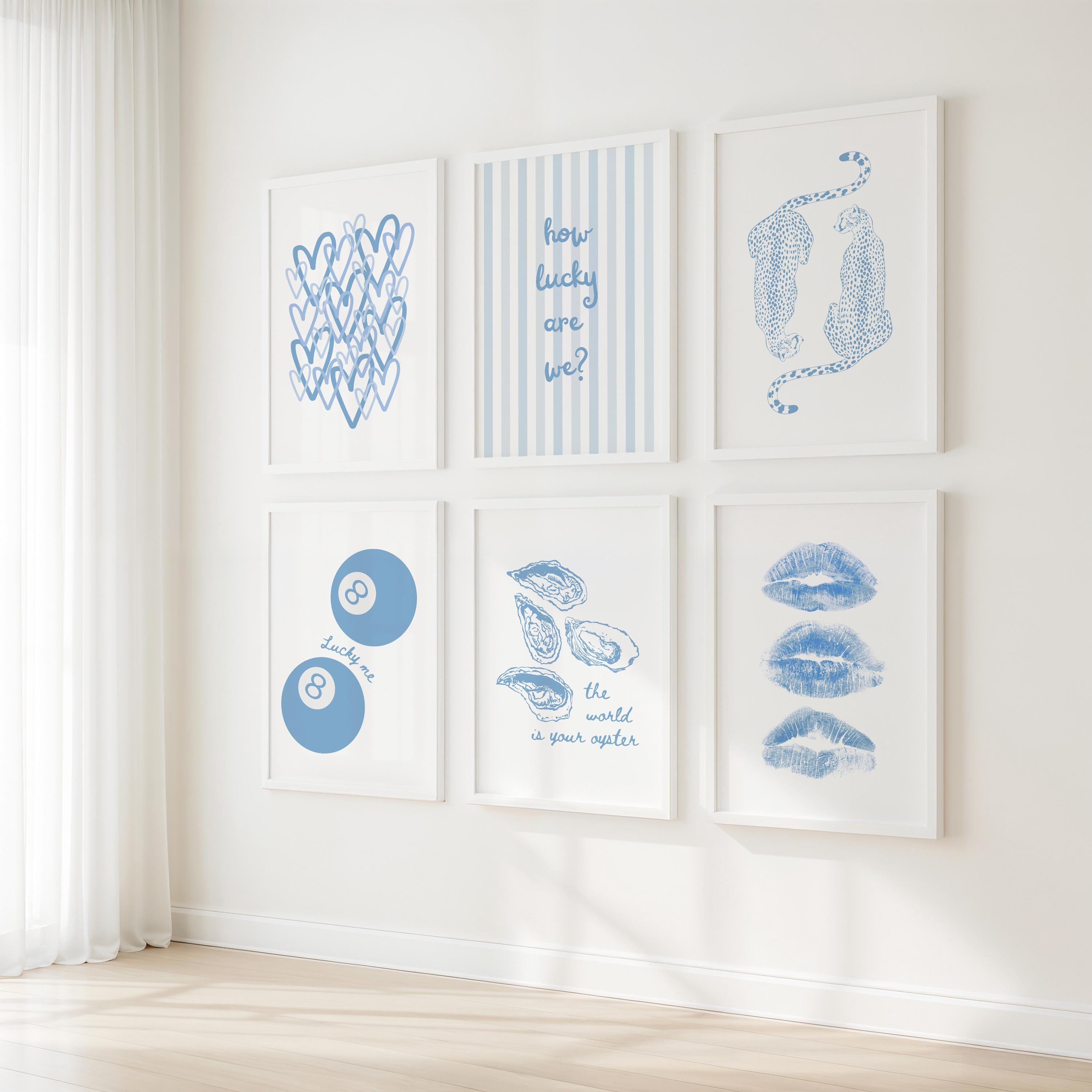 Blue Wall Art Print Set of 6, Trendy Posters, Preppy Digital Prints, Girly Dorm Room Decor, Printable Art, College Apartment Aesthetic