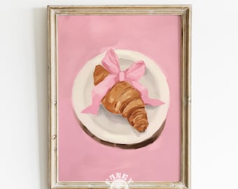 Pink Kitchen Print, Croissant with Pink Bow Digital Print, Coquette Room Decor, Pastel Painting, Soft Girl Aesthetic, Girly Printable Poster